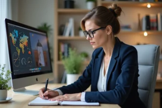 Femme professionnelle en télétravail gérant des réunions avec décalage horaire Washington sur double écran