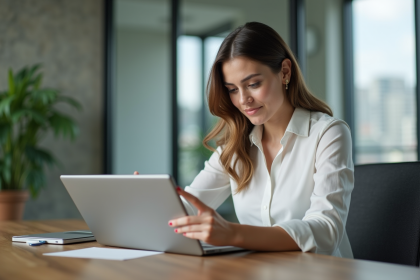 Jeune femme au bureau utilisant une tablette moderne