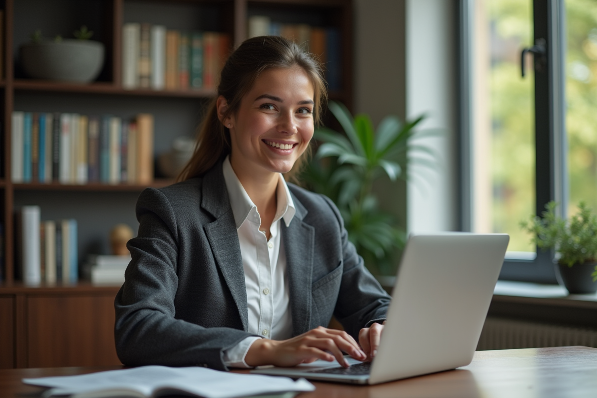 Jeune femme travaillant à son bureau à domicile avec sourire