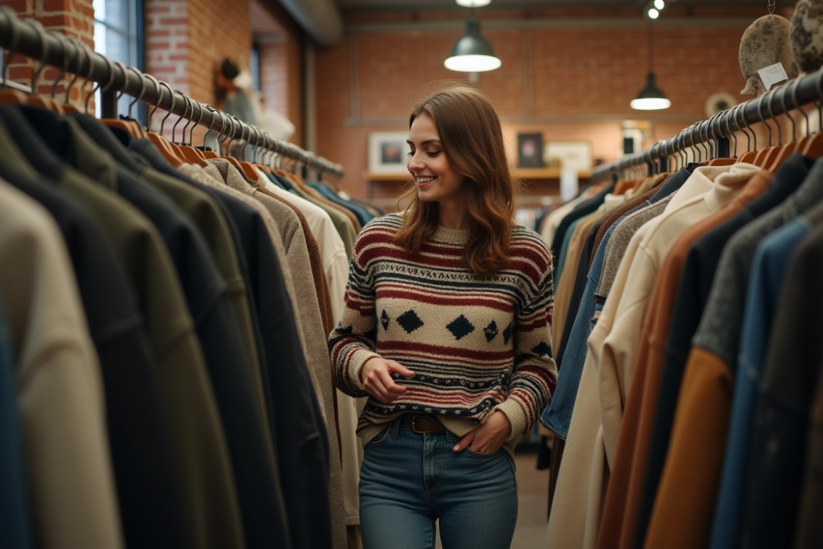 Jeune femme dans une boutique vintage en train de choisir un manteau