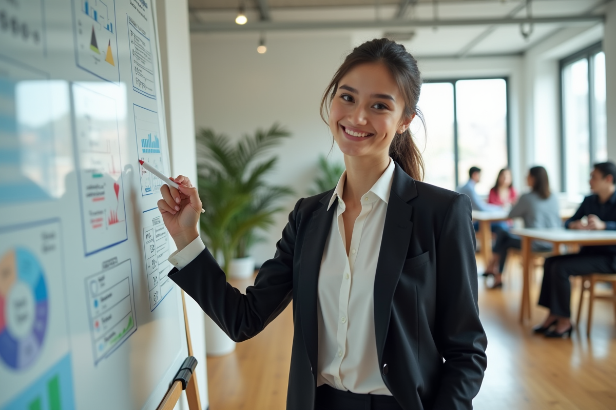 Jeune femme devant un tableau blanc avec diagrammes marketing