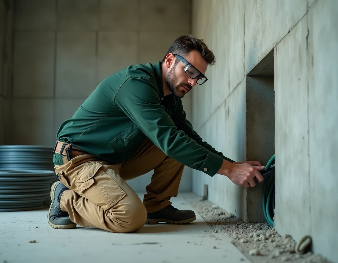 Artisan de Feruzi Bat posant des conduits électriques dans une construction en béton brut