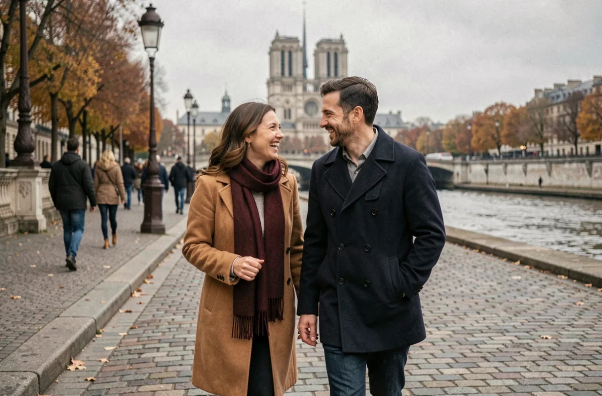 Shooting couple amoureux sur les quais de Seine à Paris en automne, photographié par Février Photographie
