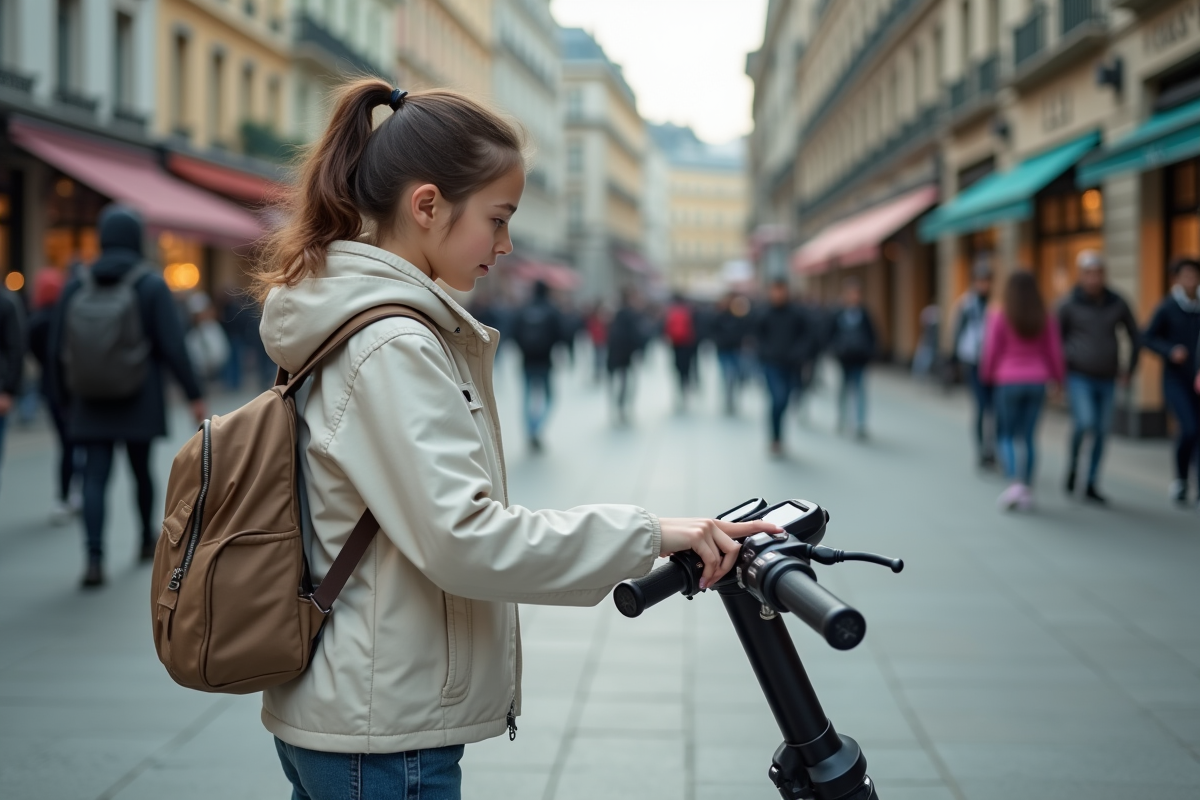 Fille vérifiant tableau de bord de scooter en ville