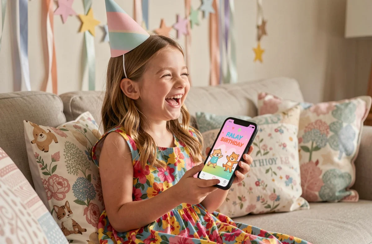 Jeune fille souriante regardant un GIF d'anniversaire animé sur smartphone lors d'une fête pour enfants