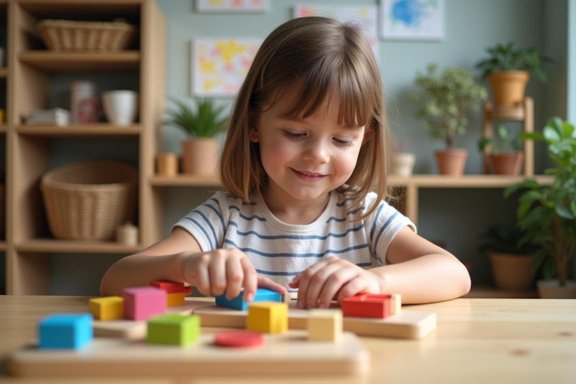 Jeune fille concentrée assemble des blocs Montessori colorés