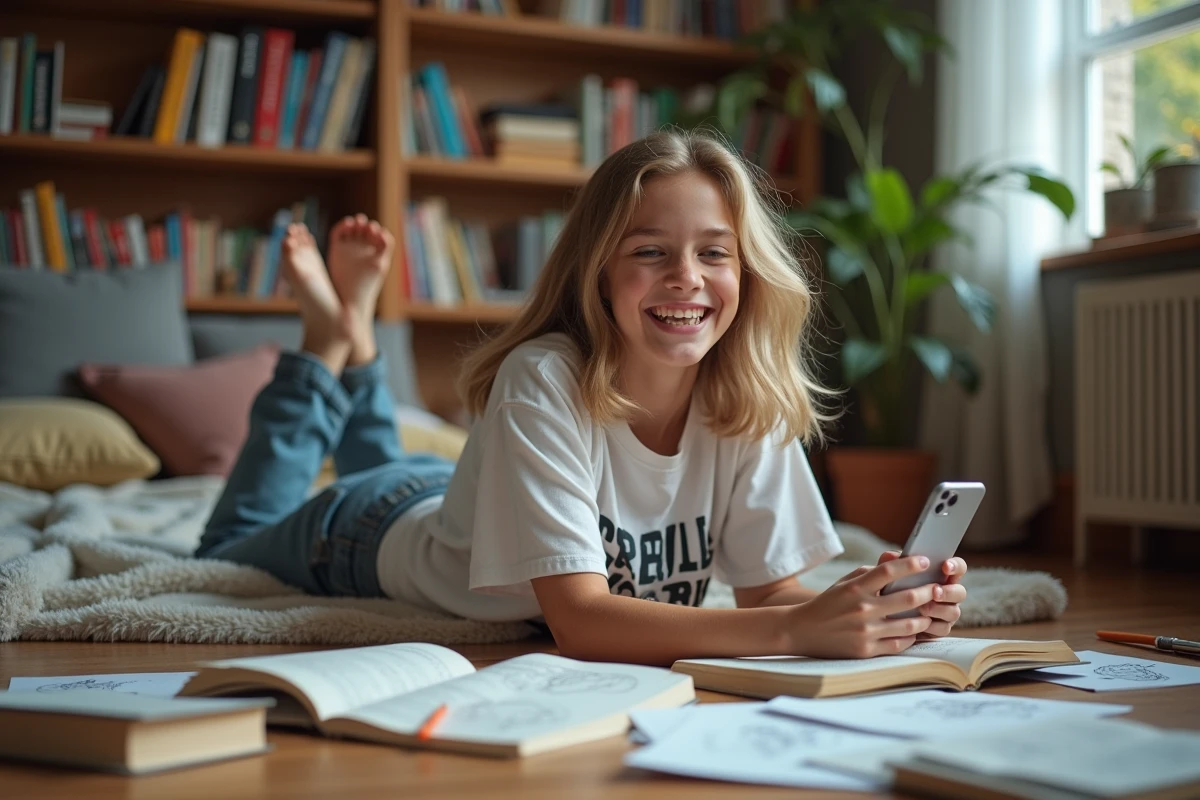 Fille adolescente riant en lisant des livres de mythologie
