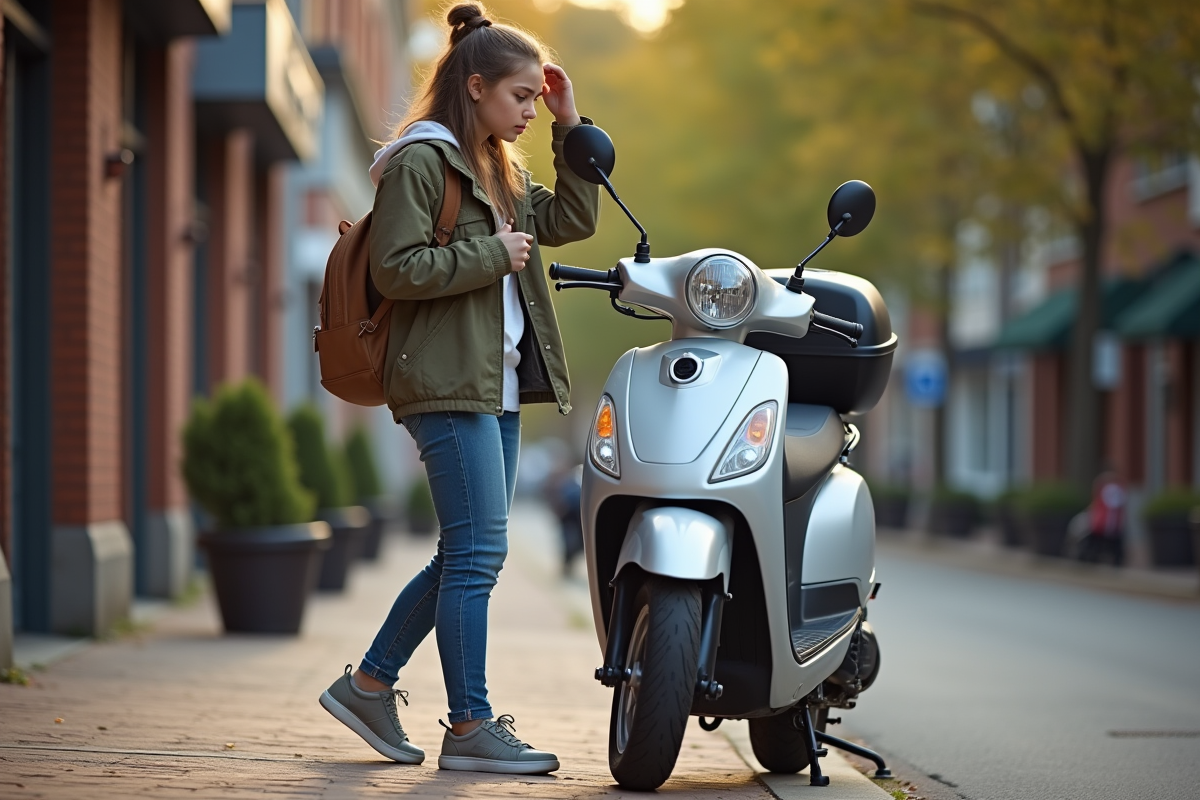 Fille en casque près de son scooter en ville
