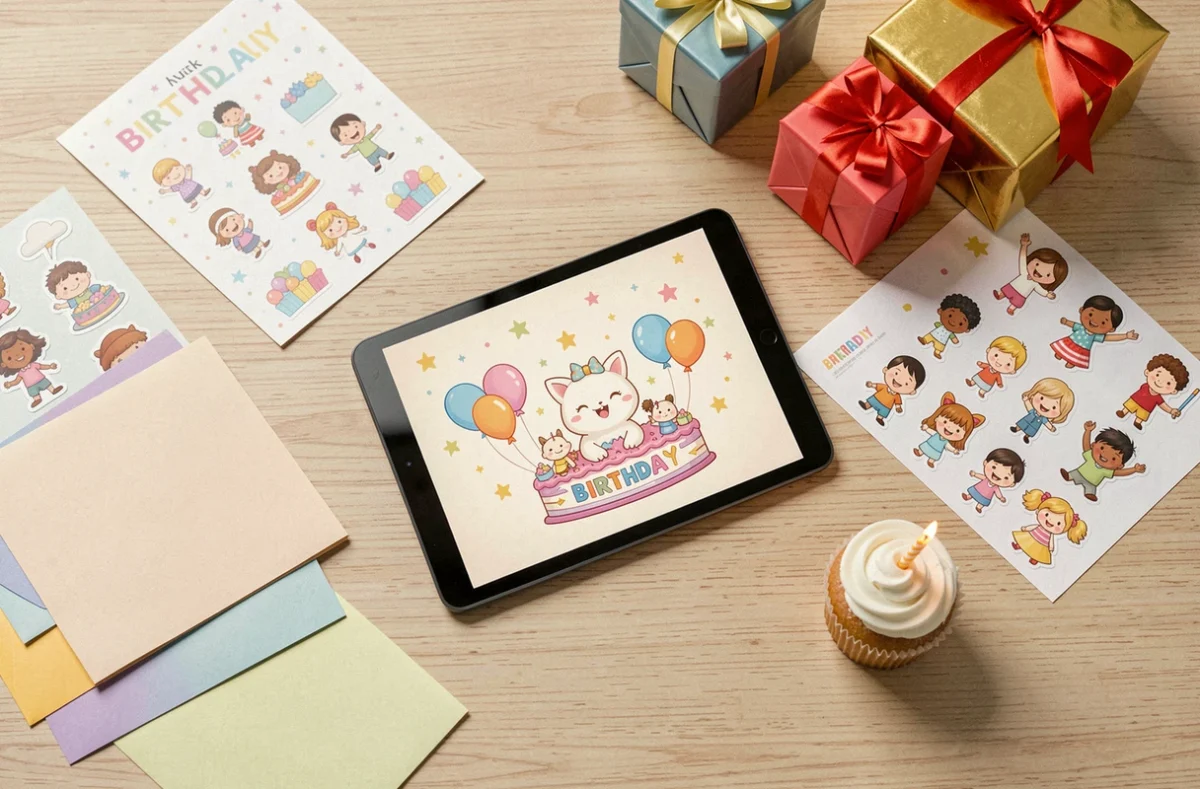 Flat-lay festif avec tablette affichant un GIF d'anniversaire animé entourée de cartes et cadeaux colorés pour enfants
