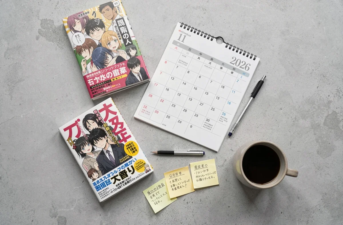 Plat posé éditorial avec des volumes manga One Piece et un calendrier 2026 sur fond béton