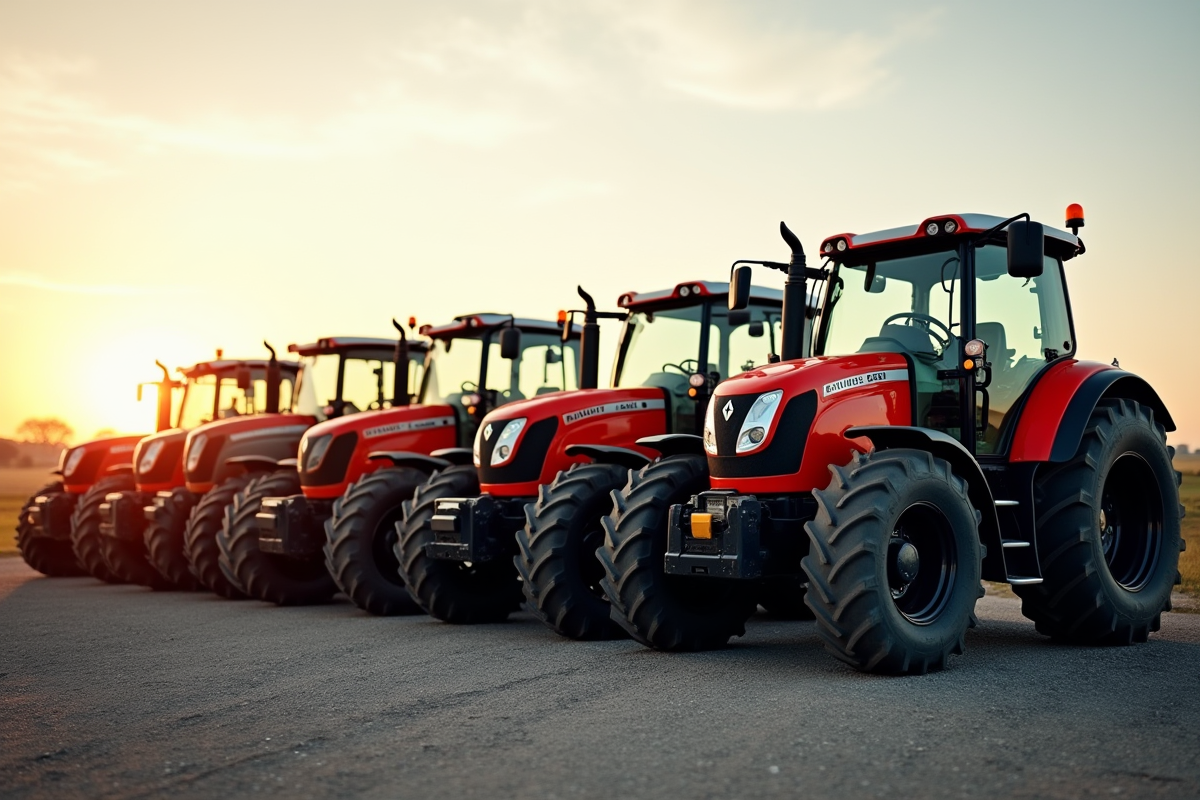 Cinq tracteurs Renault alignés en extérieur au coucher du soleil