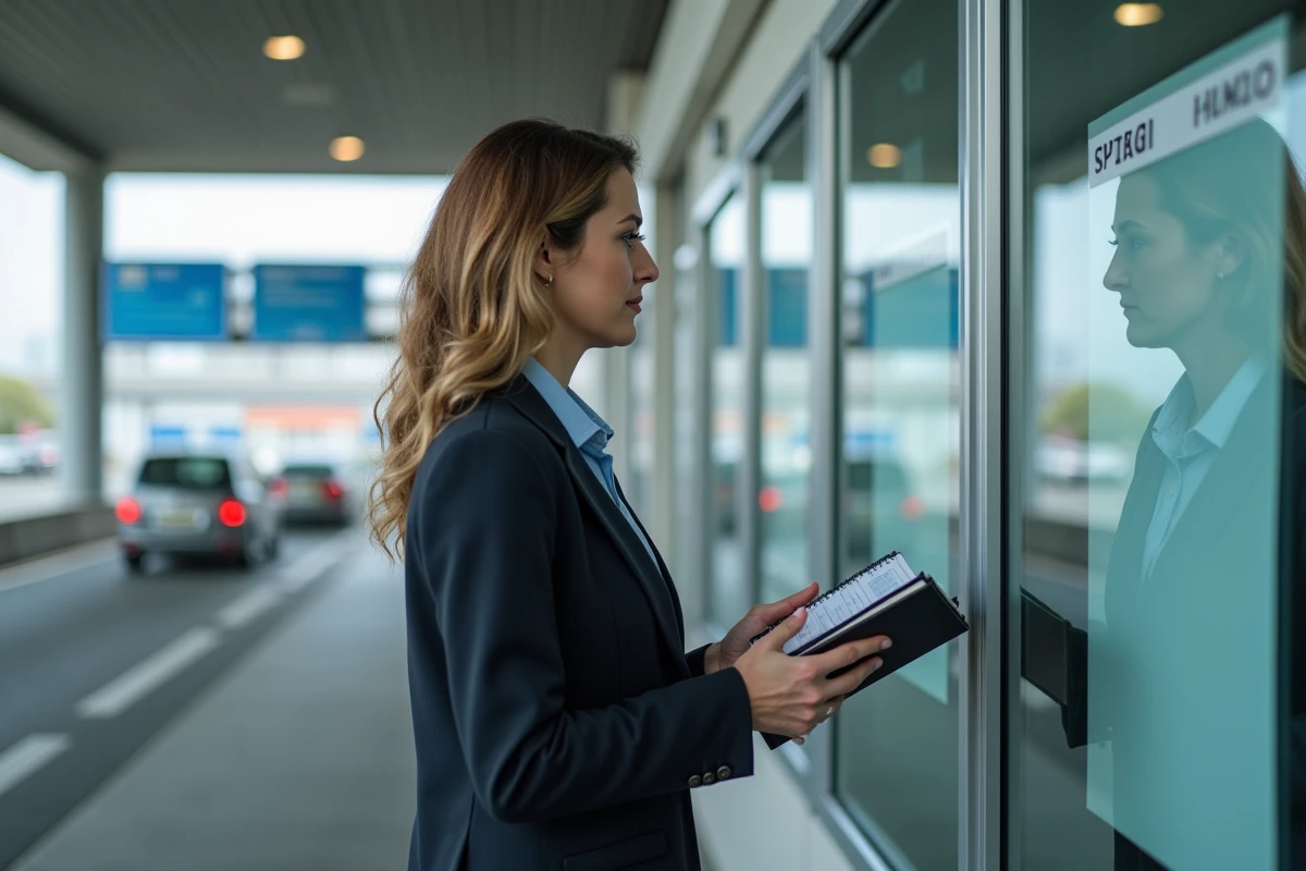 Femme frontalière tenant un agenda au passage de frontière entre la France et un pays voisin en 2026
