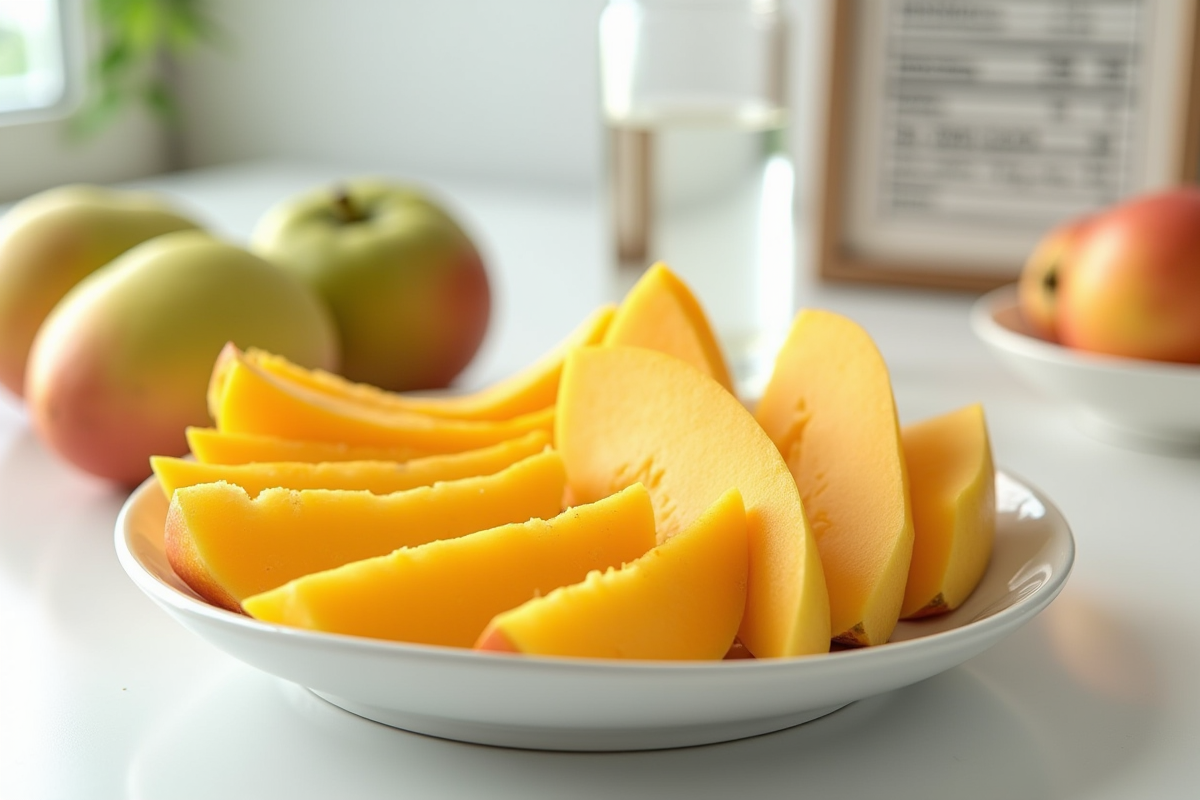 Fruits tranchés comme mangue melon et medlar sur une assiette blanche