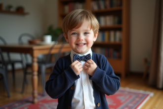 Jeune garçon souriant ajustant un nœud papillon à pois