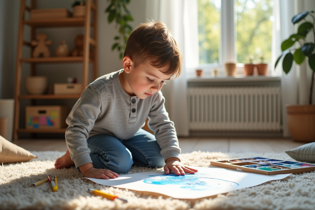 Garçon de 7 ans peint avec aquarelles sur un tapis de salon
