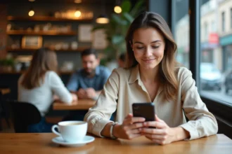 Femme gérant ses annonces immobilières sur smartphone dans un café moderne