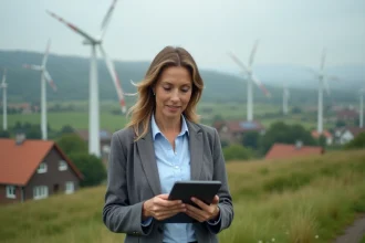Femme gestionnaire d'énergie renouvelable avec tablette en extérieur
