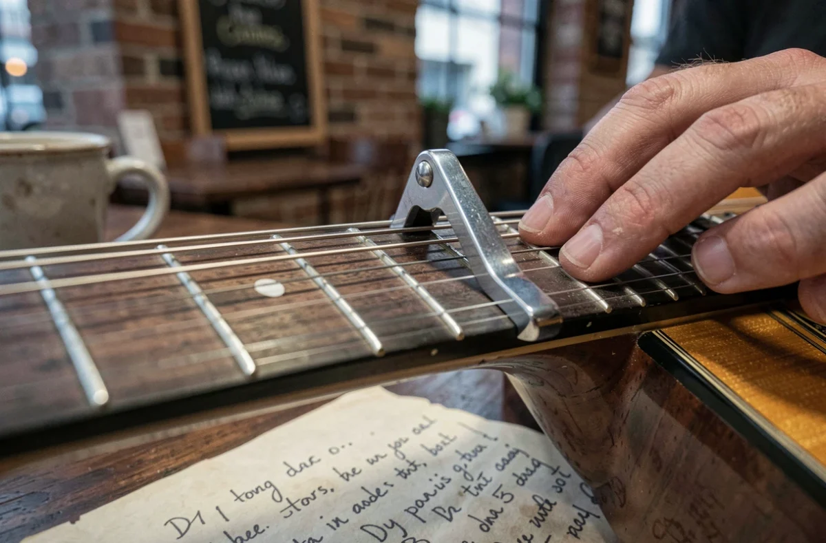 Gros plan sur un capodastre et un accord D7 sur le manche d'une guitare acoustique avec une tablature manuscrite