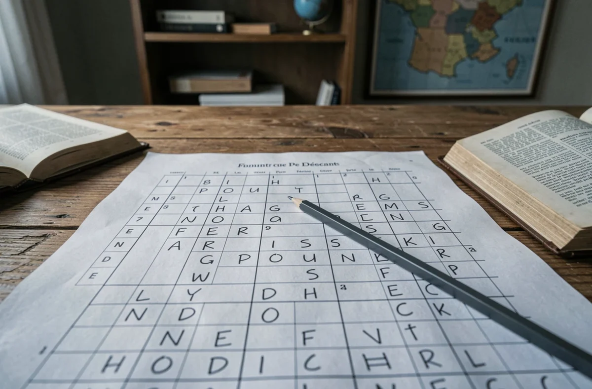 Gros plan d'une grille de mots fléchés avec lettres manuscrites et dictionnaire ouvert sur un bureau