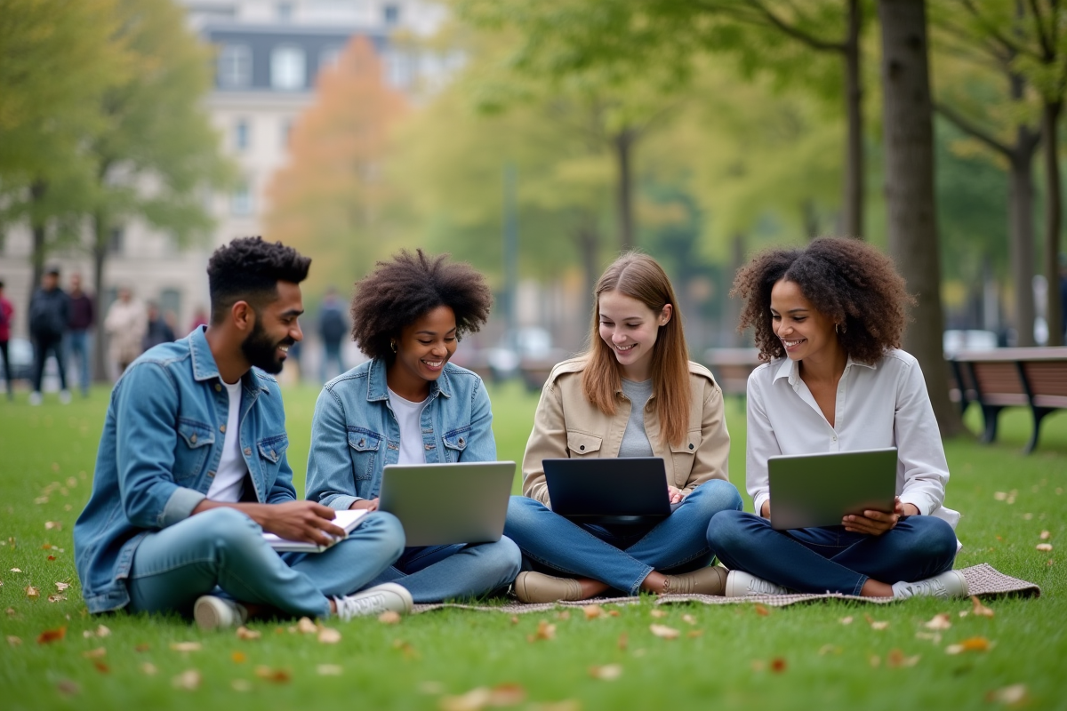 Jeunes adultes discutant stratégie d investissement en plein air