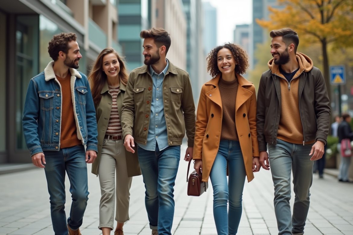 Groupe de jeunes adultes dans une ville moderne en promenade