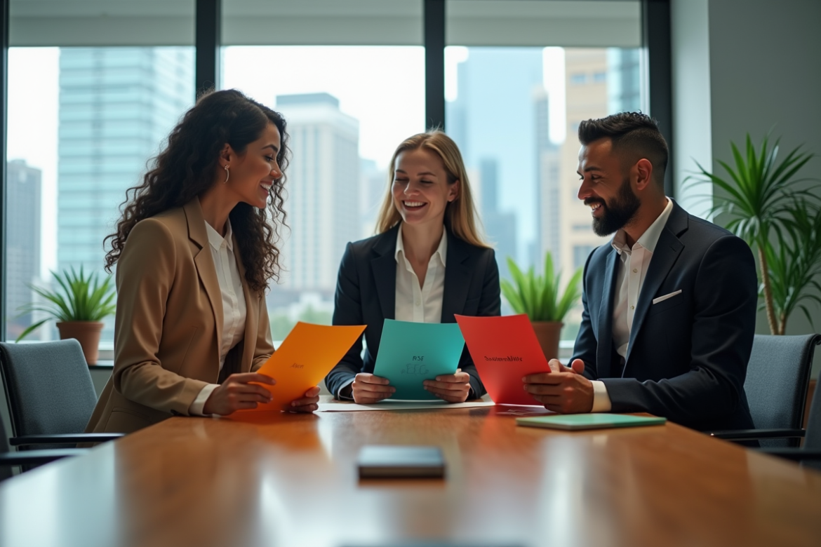 Groupe de professionnels discutant de ESG dans une salle moderne