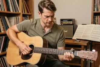 Guitariste jouant un accord D7 avec un capodastre sur une guitare acoustique dans un studio à domicile chaleureux