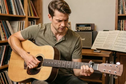 Guitariste jouant un accord D7 avec un capodastre sur une guitare acoustique dans un studio à domicile chaleureux