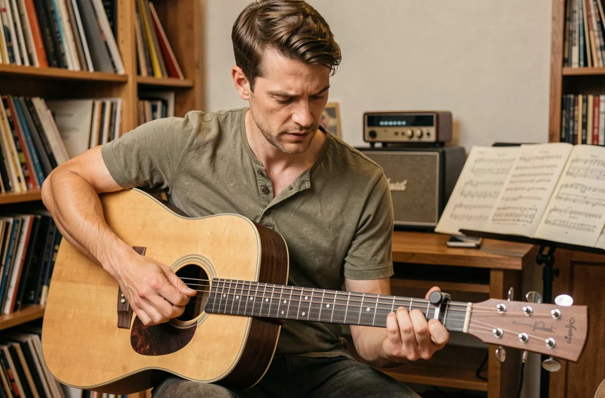 Guitariste jouant un accord D7 avec un capodastre sur une guitare acoustique dans un studio à domicile chaleureux