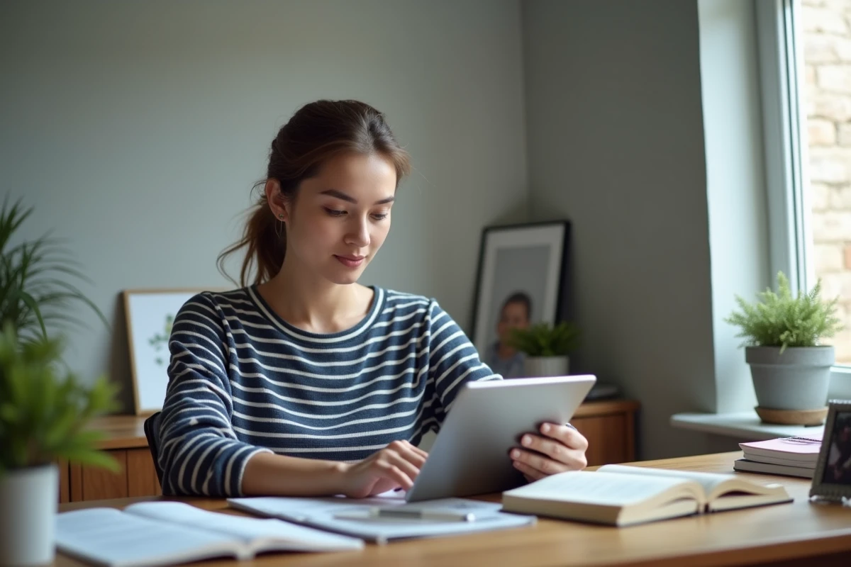 Jeune femme travaillant à son bureau avec une tablette et des souvenirs de famille, illustrant la biographie et les origines personnelles d'une créatrice de contenu