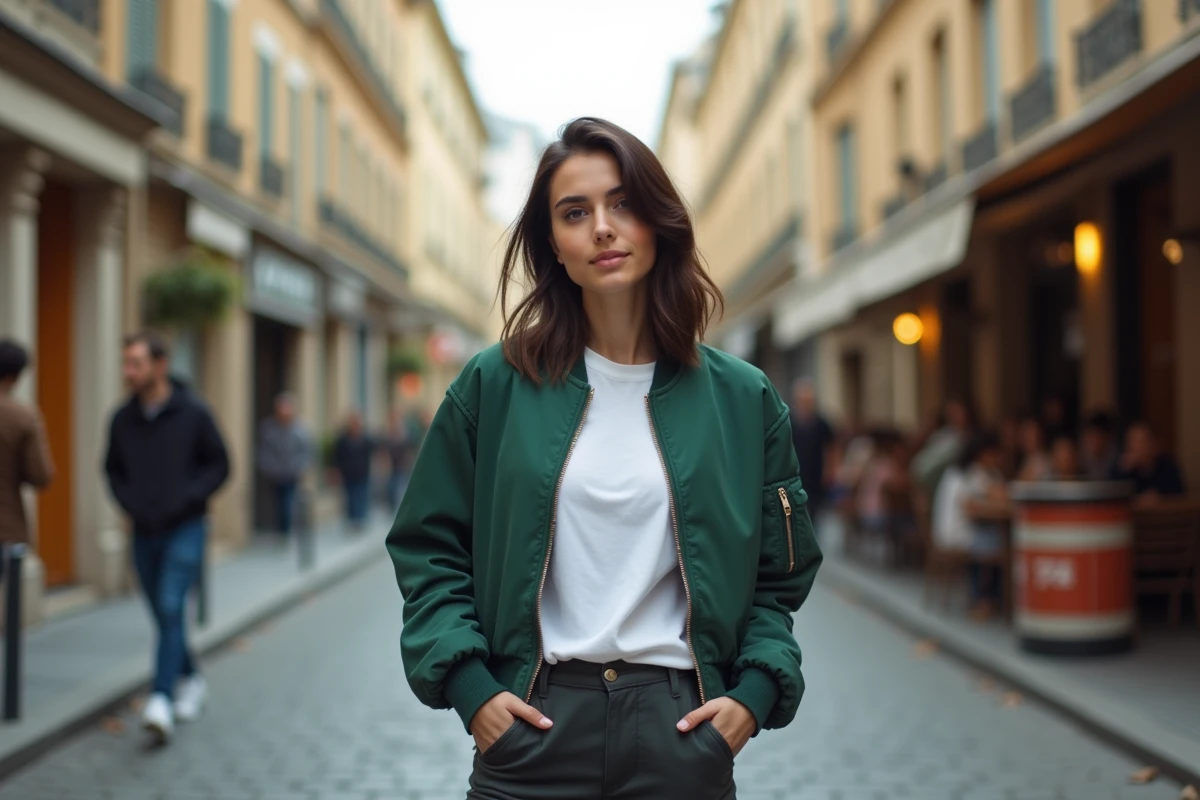 Jeune influenceuse française en tenue décontractée dans une rue parisienne, évoquant les origines et la personnalité d'une créatrice TikTok