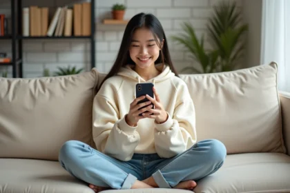 Jeune femme créatrice de contenu TikTok assise dans son appartement avec un smartphone, représentant les débuts sur les réseaux sociaux