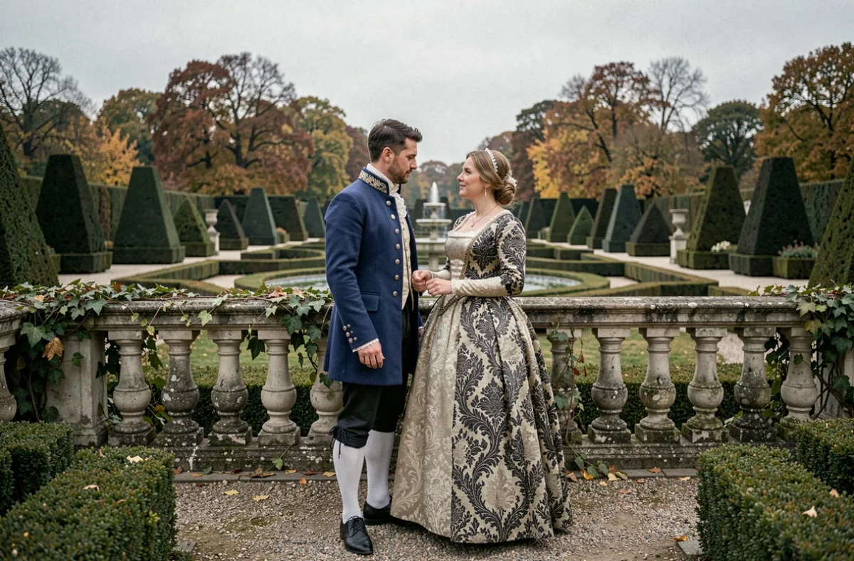 Un homme et une femme en costumes de la cour française du XVIe siècle dans un jardin à la française, représentant la relation entre Henri II et Diane de Poitiers