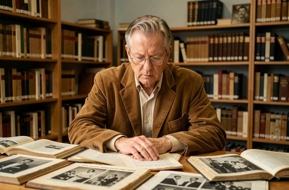 Historien de la musique consultant des archives et photographies de presse des années 1970 dans une bibliothèque de recherche, évoquant l'enquête sur la mort de Mike Brant