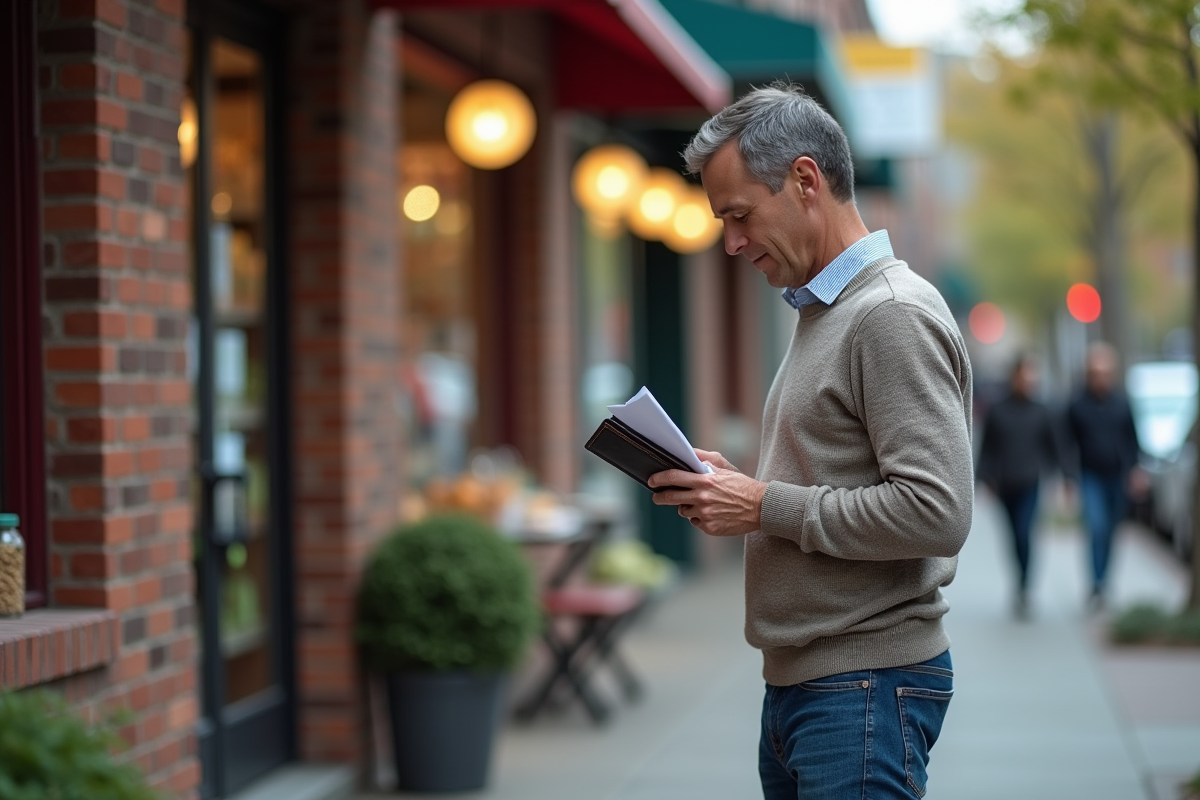 Homme vérifiant sa liste de courses devant un magasin urbain
