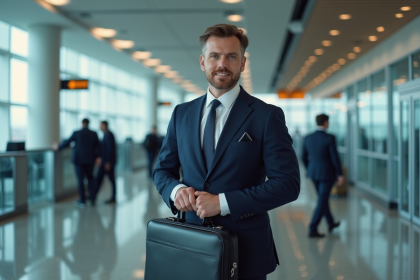 Homme d'affaires dans un aéroport avec mallette noire