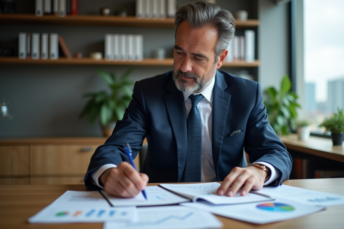 Homme d'affaires en costume bleu examinant un portefeuille