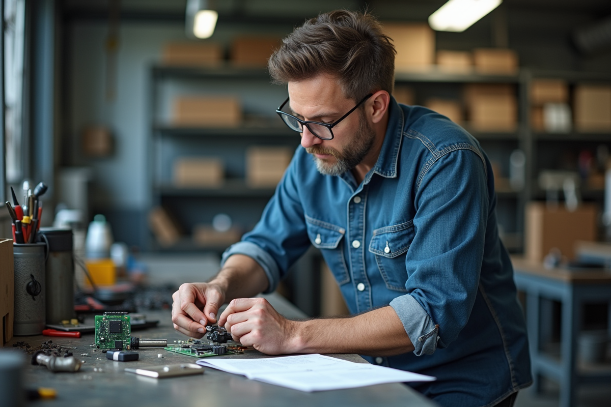Homme en atelier assemble un appareil électronique