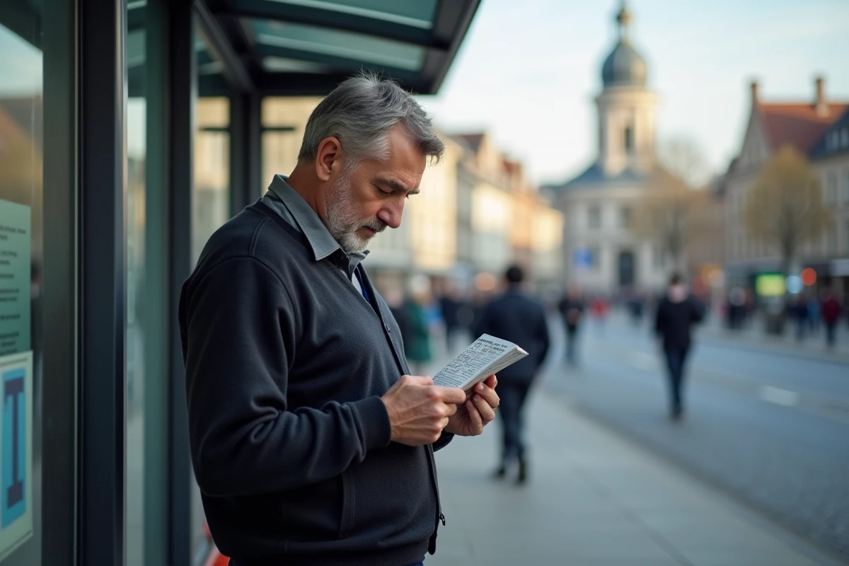 Homme lisant un casse-tête à un arrêt de bus en ville