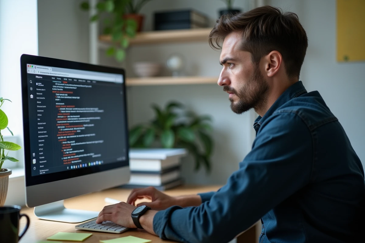 Homme frustré devant un écran d'ordinateur affichant des changements d'adresse de site web et des redirections URL en 2026
