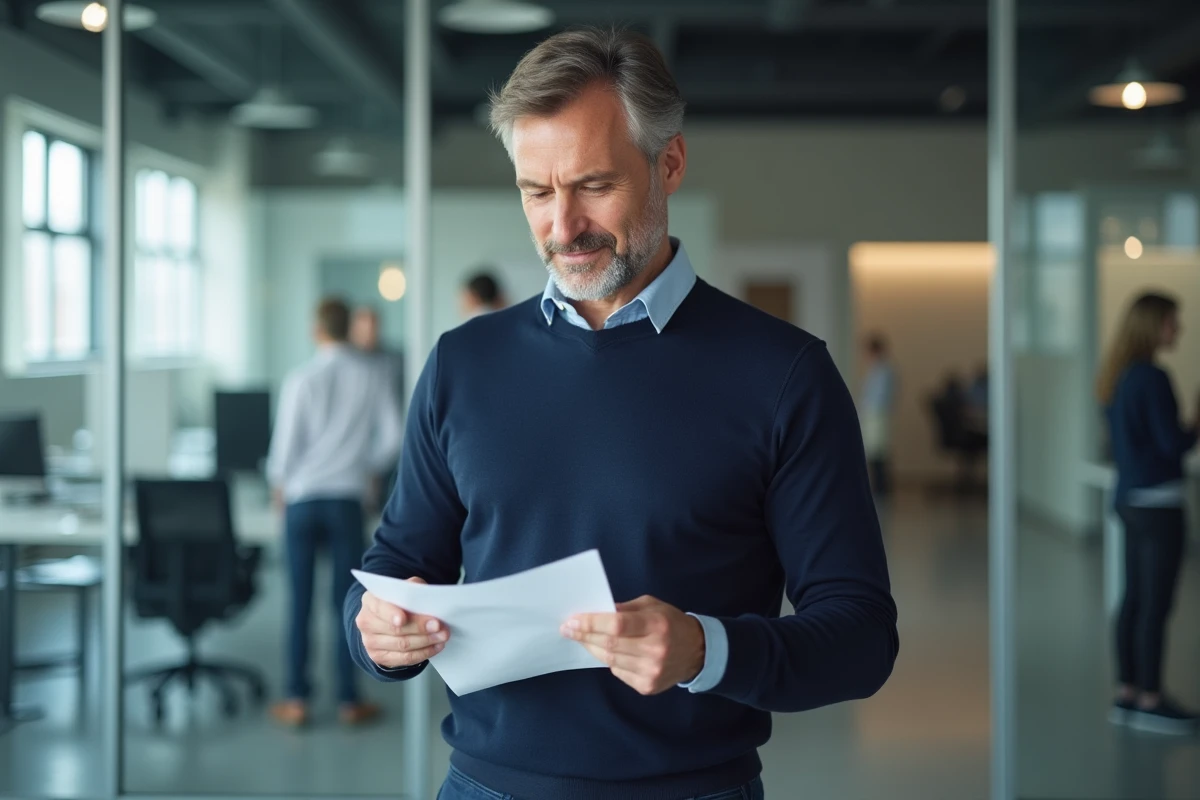 Homme en bureau moderne relisant un document avec assurance, symbolisant la maîtrise de l'expression écrite professionnelle