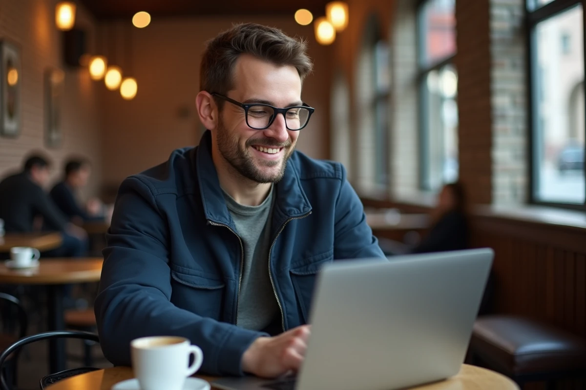 Homme utilisant un service de chat vidéo anonyme dans un café avec son ordinateur portable