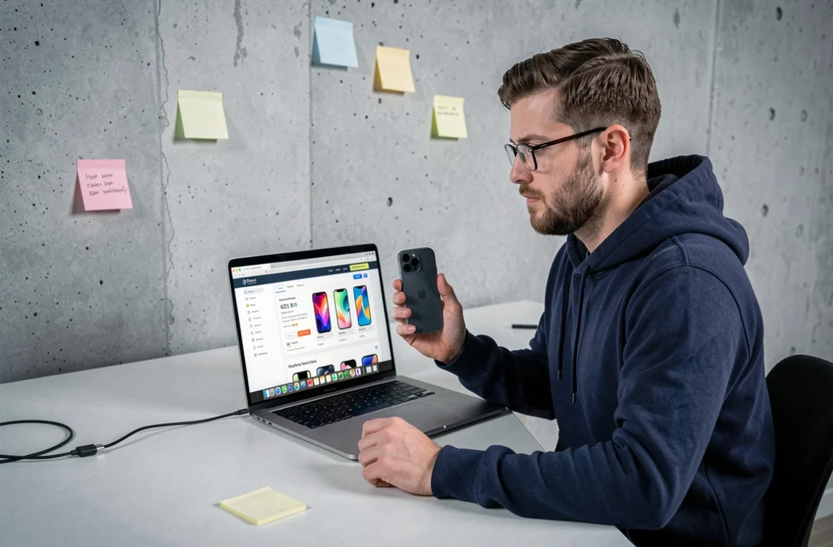 Homme comparant les prix d'un iPhone 15 reconditionné sur ordinateur portable