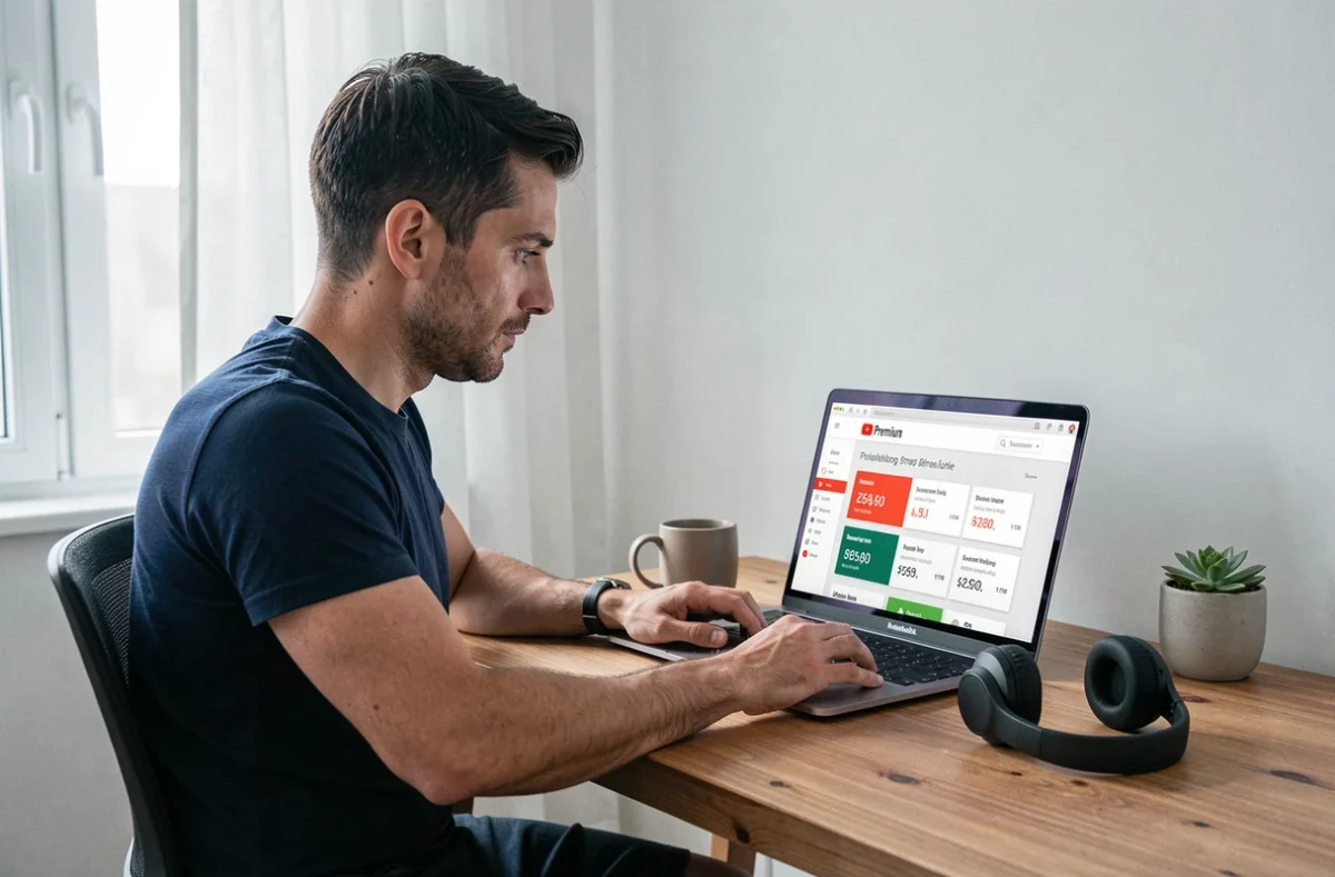Homme comparant les offres et prix d'abonnement YouTube Premium sur un ordinateur portable dans un bureau à domicile