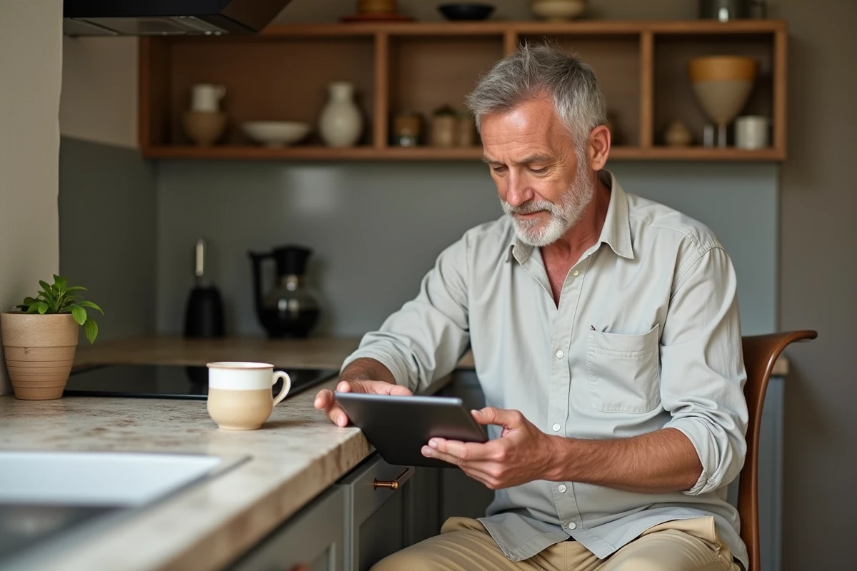 Homme corse utilisant une tablette dans une cuisine moderne