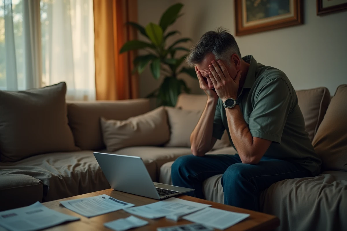 Homme en détresse assis sur un canapé face aux conséquences de l'addiction aux jeux d'argent en ligne