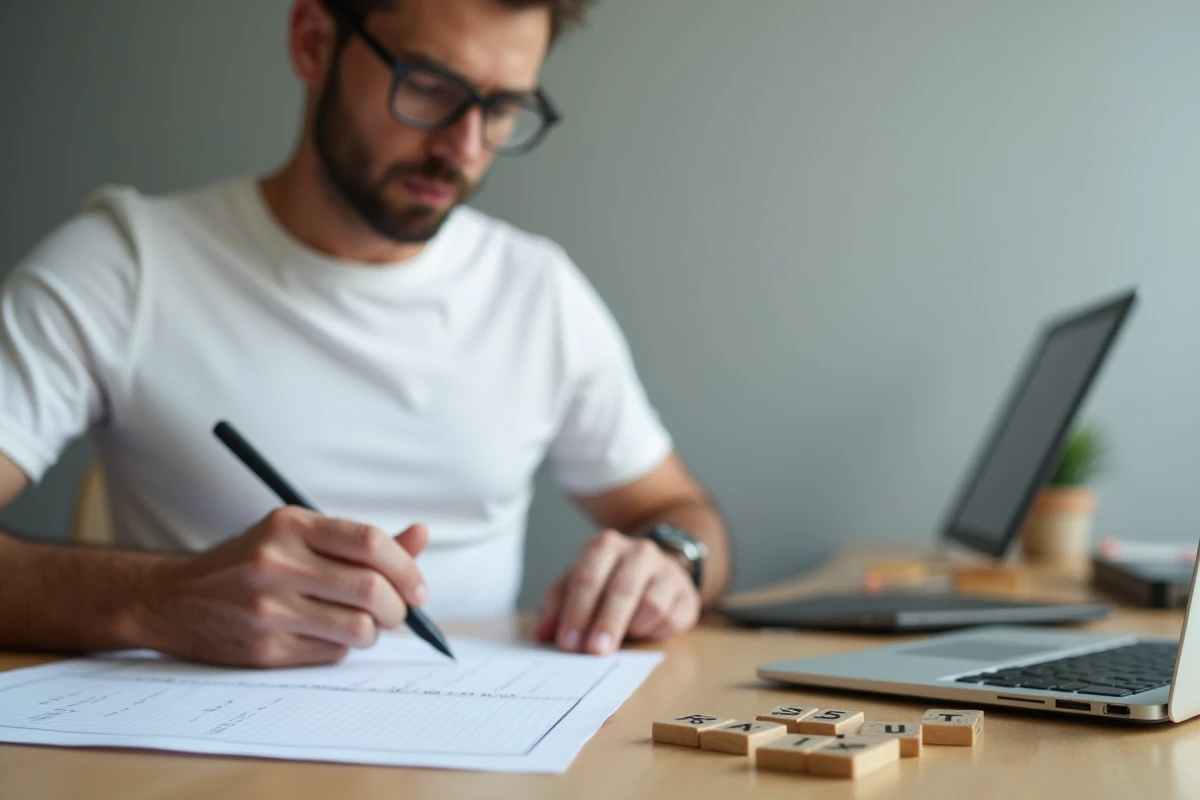 Homme étudiant des combinaisons d'anagrammes pour le Scrabble avec des notes manuscrites et des tuiles de lettres sur un bureau