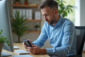 Homme en bureau examinant un dynamometre compact