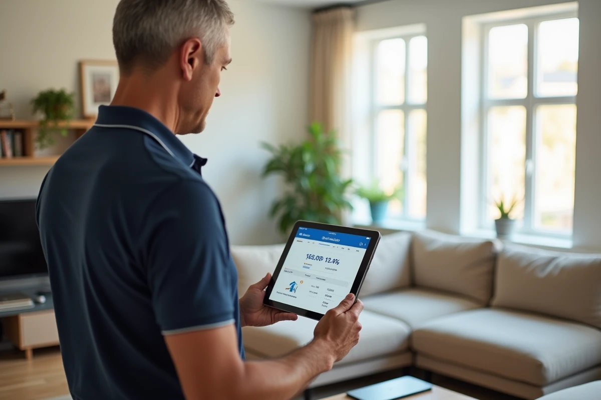 Homme gérant son compte EDF ENR sur une tablette dans un salon contemporain