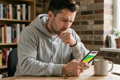 Homme concentré jouant à un jeu de mots sur smartphone de type Sutom, assis à un bureau en bois dans un bureau à domicile cosy